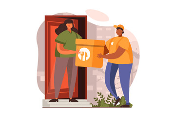 Fototapeta Food delivery web concept in flat design. Courier delivers bag of groceries from store and stands at customer's door. Woman receives of order from restaurant. Vector illustration with people scene obraz