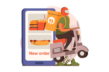 Fototapeta Food delivery web concept in flat design. Courier delivers bag with meal and delivering food from restaurant at scooter. Mobile app for online ordering food. Vector illustration with people scene obraz