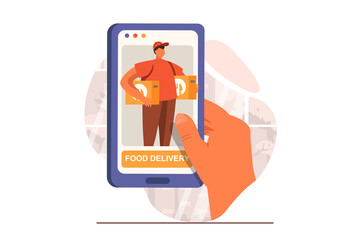 Fototapeta Food delivery web concept in flat design. Human hand holding mobile phone and using app for choosing and ordering food at restaurant. Courier delivers boxes. Vector illustration with people scene obraz
