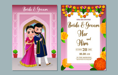  Indian wedding invitation card cute Hindu couple cartoon character in Front and Back View