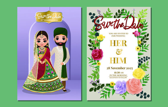  Indian wedding invitation card cute Hindu couple cartoon character in Front and Back View