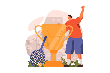 Happy competition champions web concept in flat design. Man professionally plays tennis and takes part in competition and wins golden trophy. Victory celebration. Vector illustration with people scene