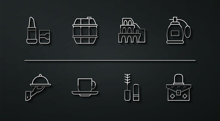 Set line Lipstick, Covered with tray of food, Perfume, Mascara brush, Coffee cup, Barrel for wine, Handbag and Coliseum Rome icon. Vector