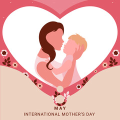 8 May International Mother's day greeting card. Vector banner with Mother holding child in pink paper hearts. Symbols of love with Flower.