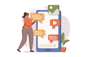 Marketing web concept in flat design. Woman chatting and sending promo emails, making advertising campagn in social media, using messenger and attracting clients. Vector illustration with people scene