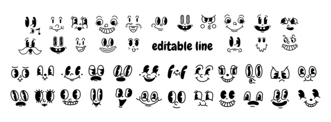 Retro 30s cartoon mascot characters funny faces. 50s, 60s old animation eyes and mouths elements. Vintage comic smile for logo vector set.