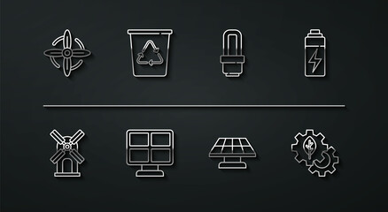 Set line Wind turbine, Battery, Solar energy panel, Recycle with recycle, Leaf plant gear machine and LED light bulb icon. Vector