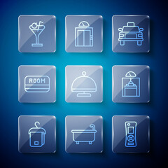 Set line Towel on hanger, Bathtub, Remote control, Taxi car, Covered with tray, Hotel key card, Martini glass and Lift icon. Vector