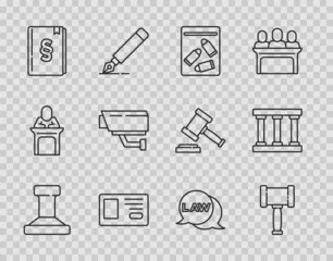Set line Stamp, Judge gavel, Evidence bag and bullet, Identification badge, Law book, Security camera, and Prison window icon. Vector