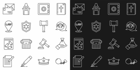 Set line Ball on chain, Bribe money bag, Scales of justice, Safe, Police badge, Location law, Envelope and Judge gavel icon. Vector