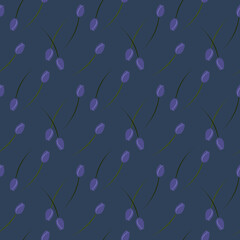 Seamless pattern illustration of purple very peri tulip with a dark green branch on dark blue background. The summer nature happiness concept is a design element