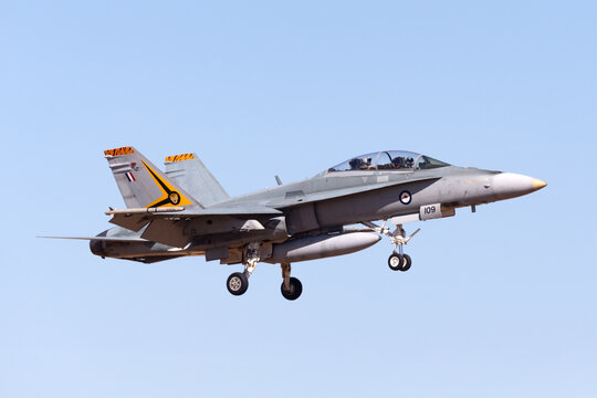 Temora, Australia - November 1, 2013: Royal Australian Air Force (RAAF) McDonnell Douglas F/A-18B Hornet Jet Aircraft A21-109 From No. 2 Operational Conversion Unit Based At RAAF Williamtown.