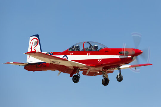 Temora, Australia - November 2, 2013: Pilatus PC-9A Trainer aircraft A23-058 from the Royal Australian Air Force (RAAF) Roulettes formation aerobatic display team.
