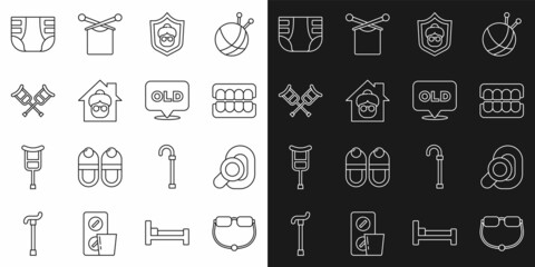 Set line Eyeglasses, Hearing aid, False jaw, Grandmother, Nursing home, Crutch or crutches, Adult diaper and icon. Vector