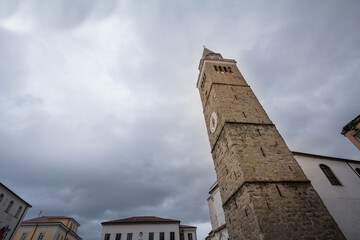 Panorama of the Titov trg square in Koper, Slovenia during a cloudy afternoon, with the Mestni...
