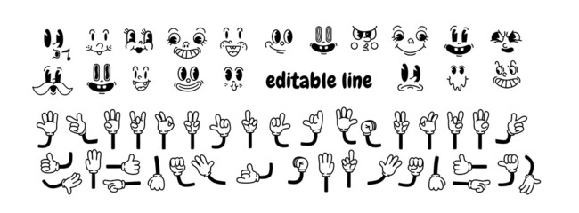Fototapeta na wymiar Vintage cartoon hands in gloves and faces. Cute animation character body parts. Comics arm gestures . Different movements and positions
