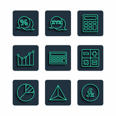 Set line Pie chart infographic, Geometric figure Tetrahedron, Function mathematical symbol, Calculator, Graph, schedule, chart, diagram, Discount percent tag and icon. Vector