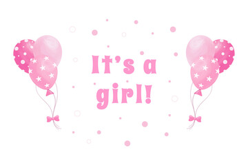 It's a girl baby shower greeting card with pink balloons