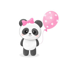 Cute little panda girl with pink balloon and bow, vector illustration