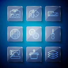 Set line Sewing machine, Hanger wardrobe, Layers clothing textile, Tape measure, button, Shirt and Awl tool icon. Vector