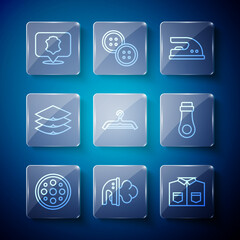 Set line Sewing button, Electric iron, Shirt, Hanger wardrobe, Layers clothing textile, Leather and Zipper icon. Vector