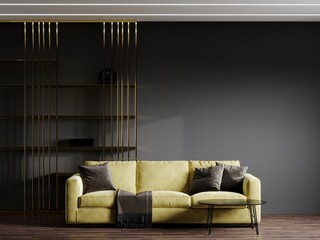 Stylish room design in the luxury style. Mustard yellow sofa and gold shelving. gray dark wall, brown textiles of pillows and blankets, small coffee table. Modern mockup interior room. 3d rendering