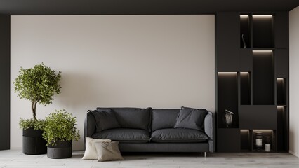 Horizontal render on gray sofa with pillows. Beige background empty wall. Graphite ceiling and wall with black cabinet with shelves for decor. Large plants. Beige gray interior design. 3d rendering