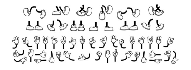 Fototapeta na wymiar Vintage cartoon hands in gloves and feet in shoes. Cute animation character body parts. Comics arm gestures and walking leg poses set. Different foot movements and positions