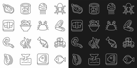Set line Fish, Sushi on cutting board, Mussel, Jellyfish, Served bowl, and Crab icon. Vector