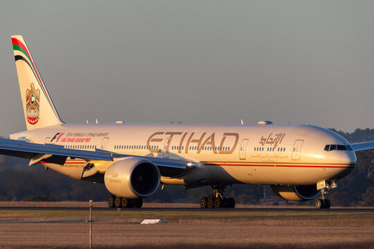 Melbourne, Australia - April 10, 2015: Etihad Airways Boeing 777 on the runway after landing at Melbourne airport.