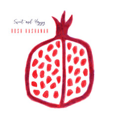Pomegranate watercolor half sliced fruit botanical hand drawn vector illustration background. Sweet and happy Rosh Hashanah card. Shana tova, have a sweet year. For recipe book, floral menu cover.