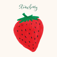 Strawberry hand drawn vector illustration with calligraphy, lettering, watercolor splashes, isolated background. Vegetarian eco food product, organic, vegan nutrition. Menu design, print. Hello summer - 504277321