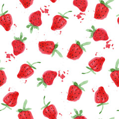 Strawberry seamless pattern hand drawn vector illustration with watercolor splashes, isolated background. Vegetarian eco food product, organic, vegan nutrition. Menu cover design, print. Hello summer. - 504277365