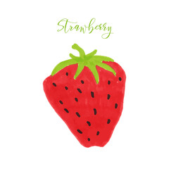 Strawberry hand drawn vector illustration with calligraphy, lettering, watercolor splashes, isolated background. Vegetarian eco food product, organic, vegan nutrition. Menu design, print. Hello summer