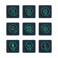 Set line Gluten free grain, Delicate wash, Information, Electric plug, Social network, Weight, Temperature and Test tube and flask icon. Vector