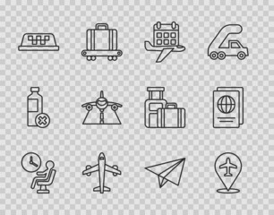 Set line Human waiting in airport terminal, Plane, Calendar and airplane, Taxi car roof, Paper and Passport icon. Vector