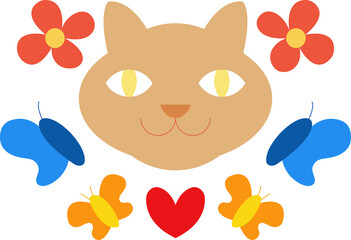 Cat with flowers and butterflies - vector color shape
