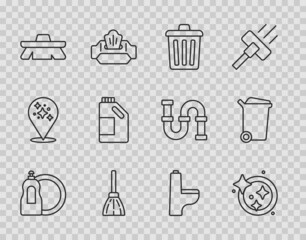 Set line Dishwashing liquid bottle, Washing dishes, Trash can, Handle broom, Brush for cleaning, Bottle agent, Toilet bowl and icon. Vector