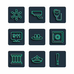 Set line Prison window, Police cap with cockade, Baseball bat, Walkie talkie, Sheriff hat badge, Telephone call 911, Hexagram sheriff and Safe icon. Vector