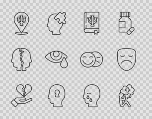 Set line Broken heart or divorce, Helping hand, Psychology book, Psi, Solution to the problem, Psychology,, Tear cry eye, Man graves funeral sorrow and Drama theatrical mask icon. Vector