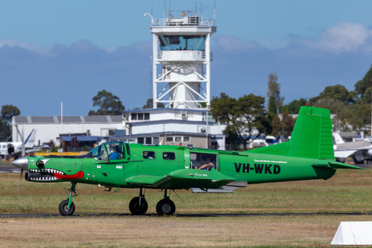 Moorabbin, Australia - March 26, 2014: Pacific Aerospace Cresco VH-WKD preparing for takeoff from Moorabbin Airport with a load of skydivers.