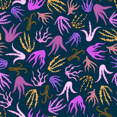 Seamless pattern with seaweed in doodle style.