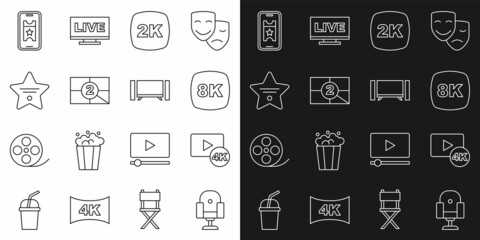 Set line Director movie chair, Screen tv with 4k, 8k Ultra HD, 2k, Old film countdown frame, Walk of fame star, Buy cinema ticket online and Smart Tv icon. Vector