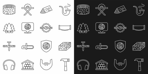 Set line Hammer, Wooden beam, Two-handed saw, logs, Christmas tree, Tree stump and Electric circular icon. Vector