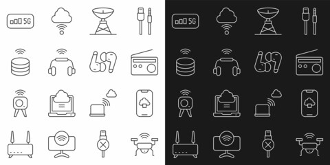 Set line Smart drone system, Cloud technology data, Radio, Satellite dish, headphones, server, 5G wireless internet and Air icon. Vector