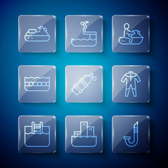 Set line Swimming pool with ladder, Winner podium, Snorkel, Jet ski, Aqualung, and Wetsuit for scuba diving icon. Vector