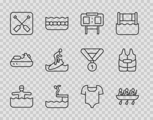 Set line Water gymnastics, Canoe rowing team sports, Sport mechanical scoreboard, Swimmer diving into pool, Paddle, Surfboard, Swimsuit and Life jacket icon. Vector