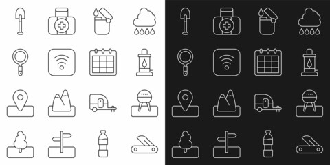 Set line Swiss army knife, Barbecue grill, Camping lantern, Lighter, Wi-Fi wireless internet, Magnifying glass, Shovel and Calendar icon. Vector