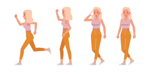 Set of woman lifestyle wear pink shirts color character vector design. Presentation in various action with emotions, running, standing and walking.