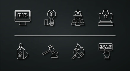 Set line Online auction, Price tag with Sale, Auction jewelry sale, hammer, Hand holding paddle, and icon. Vector